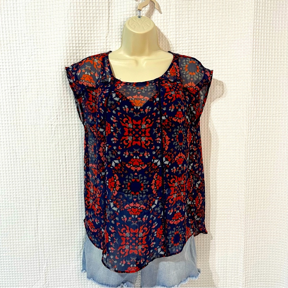 A.N.A a new approach blouse, sheer navy with red and pink flowers, size medium